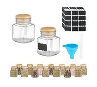 Relaxdays Salière & poivrière, Lot de 16, rectangulaire, 100 ML, 48 étiquettes, marqueur, Entonnoir, Transparent/Nature