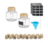 Relaxdays Salière & poivrière, Lot de 20, rectangulaire, 100 ML, 48 étiquettes, marqueur, Entonnoir, Transparent/Nature