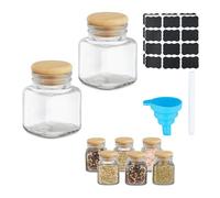 Relaxdays Salière & poivrière, lot de 8, 100 ml, étiquettes, entonnoir, marqueur, verre et bambou, transparent et nature