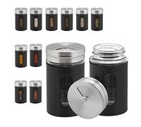 Relaxdays Saupoudreuse à épices, Lot de 12, 3 Tailles de Trou, Herbes, 90 ML, Verre et Acier Inoxydable, Noir/argenté