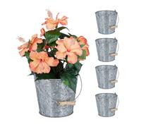 Relaxdays Seau métal en lot de 5, petit pot à fleurs zinc pour cuisine, balcon et jardin, avec anse, décoration, argenté