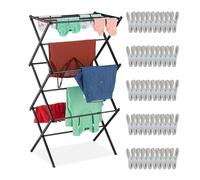 Relaxdays séchoir à Linge Pliable, 6 Niveaux, 11 Barres, avec 50 Pinces à Linge, Extensible, étendoir en métal, Noir