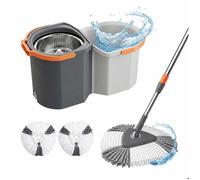 Relaxdays Kit Balai essoreur, Seau 7,5 L empilable, tête rotative, H x L x P 25 x 28 x 54 cm, 2 têtes Microfibre, Gris
