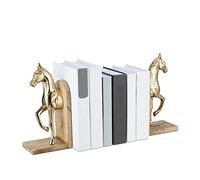 Relaxdays Serre-Livres en 2 pièces, chacune ornée d’Un Cheval, Design élégant, H x L x P : 26,5 x 9 x 13 cm, Nature/doré