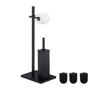 Relaxdays Serviteur WC à Poser, Porte-Rouleau, Acier, Brosse et Son Support, 3 têtes interchangeables, Noir