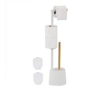 Relaxdays Serviteur WC, bambou, acier inoxydable, support à poser, brosse et porte-brosse, blanc