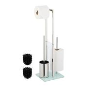 Ensemble de salle de bains Relaxdays, porte-papier hygiénique sur pied avec brosse, porte-rouleaux de rechange, dimensions : 64,5 x 24 x 18 cm, acier inoxydable, argent