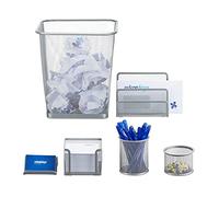 Relaxdays Set 6 fournitures de bureau poubelle pot crayon bloc notes cartes de visite courrier métal, argenté