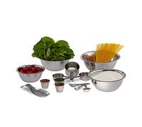 Relaxdays Set cuisine Bol mélangeur passoire pot verre doseur cuillère dosage mesure 15 pièces inox empilable, argenté