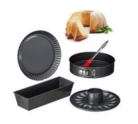Relaxdays Set de 5 pièces, 4 moules à gâteaux, moule rectangle, à charnières, kouglof, à tarte, pinceau, anthracite
