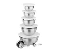 Relaxdays Set de cuisine bol mélangeur 5x saladier avec couvercle en inox 18 pièces cuillère doseur, argent blanc