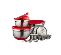 Relaxdays Set de cuisine Bol mélangeur couvercle râpe verre doseur cuillère dosage mesure 17 pièces, argenté/rouge