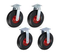 Relaxdays Ensemble 2X roulettes Fixes + 2X pivotantes, pneumatiques 3.00-4, avec Plaque, 120 kg, Noir/Rouge
