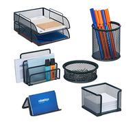 Relaxdays Set d'organisateurs de Bureau, 7 pièces, en Maille, Porte-Documents, Porte-agrafes, Porte-stylos, Anthracite