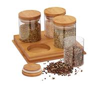 Relaxdays Set Pots à épices, 4 boîtes, Conservation, Condiment, Couvercle, Verre et Bambou, Support, Nature/Transparent