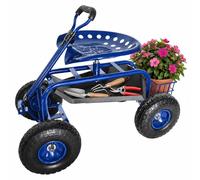 Relaxdays, siège de jardin mobile, réglable en hauteur, capacité de 150 kg, avec espace de rangement, barre de direction, en acier, avec pneus à air, chariot de jardin, couleur bleue