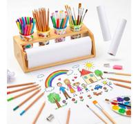 Relaxdays station de dessin avec porte-crayons, support pour 3 rouleaux de papier 5 m, papier naturel/blanc pour enfants