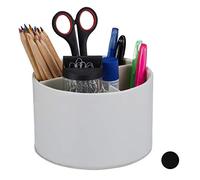 Relaxdays Support à stylos, rond, 3 compartiments, boîte à crayon maison & bureau, cuir artificiel, 11,5x16 cm, blanc