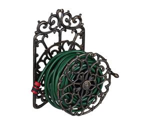 Relaxdays support mural pour tuyau d'arrosage pivotant, style antique, fonte, 52x33x31 cm, noir et or
