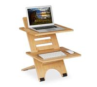 Relaxdays Support pour bureau, réglable en hauteur, 2 surfaces, bambou, organisateur, travailler debout, nature