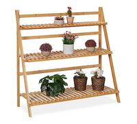 Relaxdays Support pour plantes, bambou, rangement à 3 niveaux, HxLxP : 96 x 99,5 x 37 cm, porte-fleurs pliable, nature
