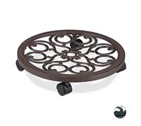 Relaxdays Support Roulant Plantes Rond, Lot de 3, en métal, Plateau Roulant Pots à Fleurs, Aspect Antique, Brun