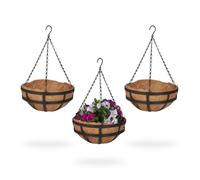 Relaxdays Suspension pour plantes avec panier en fibres de coco, lot de 3, HD 50x31 cm, intérieur/extérieur, noir/marron