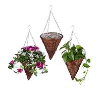 relaxdays Suspension pour Plantes en Lot de 3, Panier tressé en Osier, Fait Main, Pot de Fleur HxD 30 x 25 cm, Brun