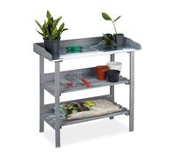 Relaxdays, Table à plantes, plaque métallique, Table de dépotage avec rangements, bois, jardin, 86 x 92 x 41 cm, gris