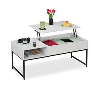 Relaxdays Table Basse avec Plateau relevable, HLP : 45x110x50 cm, Effet Bois et métal, Table de Salon, Blanche