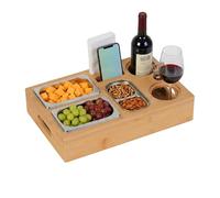 Relaxdays Table Basse en Bambou, 3 Bols en Acier Inoxydable pour collations, Porte-Bouteilles, Verres, téléphone Portable, Plateau de canapé, Naturel