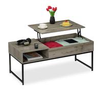 Relaxdays Table basse avec plateau relevable, HLP : 45x110x50 cm, effet bois et métal, table de salon, grise