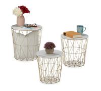 Relaxdays Table corbeille d’appoint, lot de 3, panier pour le salon, métal et aspect marbre, 3 tailles, blanc-doré
