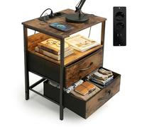 Relaxdays Table d'appoint avec LED, Prises & USB, 2 tiroirs, H x l x P : 60 x 40 x 30 cm, Table de Chevet, Marron/Noir