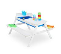 Relaxdays Table de jeu d’extérieur enfants, table pique-nique bois, bacs plastique, rangement, HLP: 50x89x85 cm, blanc