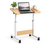 Relaxdays Table Ordinateur Portable réglable 67-90 cm, Blanc/Nature | inclinable, roulettes, forme C à glisser, MDF, table pour ordinateur portable, canapé, fauteuil et lit, table informatique