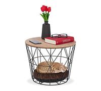 Relaxdays Table Panier et Grotte Chats et Chiots 2 Fonctions, Meuble d’appoint en Fil avec Coussin, HxD35,5x45,5 cm,Noir