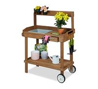 Table de jardinage Relaxdays avec roulettes, bac et tiroir, en bois et plastique, dimensions : 120 x 97 x 49 cm, table de travail de jardin, marron