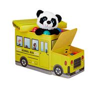 Relaxdays Tabouret Coffre boîte à Jouets Couvercle Pouf Enfant Pliable Auto 50 litres, Bus Ecole, Polyester, School, 33 x 27 x 56 cm, Jaune