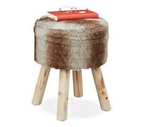 Relaxdays Tabouret de Fourrure, décoration, synthétique, siége avec Pieds en Bois, Rustique HxD 42x33x 45 cm,Gris-Brun