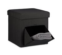 Relaxdays Tabouret de Rangement carré Pliant en Lin Couvercle Amovible avec tiroir Bascule pivotant Pouf Stockage Cube pour Le Salon HxlxP: 38 x 38 x 38 cm Repose-Pieds, Noir