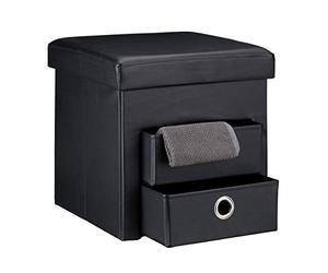 Relaxdays Tabouret de rangement carré pliant en similicuir avec couvercle amovible pouf ottoman de stockage cube pour salon pliable avec 2 tiroirs amovibles repose-pieds HxlxP: 38 x 38 x 38 cm, noir
