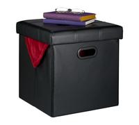 Relaxdays Tabouret de Rangement, rembourré, Pliable, HLP : 39x37x37 cm, Similicuir, Salon, Chambre, Noir
