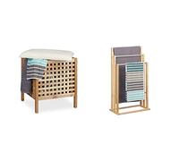 Relaxdays Tabouret de Salle de Bain en Bois 52 litres HxlxP: 52 x 49 x 49 cm & 10020983 Porte-Serviettes sur Pied 3 Bras Salle de Bain Bambou Support Valet serviteur HxlxP: 84 x 48 x 26 cm
