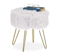 Relaxdays Tabouret en Fourrure, synthétique, Structure métallique, Ronde, Moelleuse, élégant HxD 40x38 cm, Blanc/doré