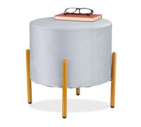 Relaxdays Tabouret en velours matelassé H x D: 39 x 37 cm 4 pieds en métal salon chambre entrée gris/doré