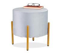 Relaxdays Tabouret en Velours, matelassé, H x D: 39 x 37 cm, 4 Pieds en métal, Salon, Chambre, entrée, Gris/doré