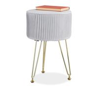 Relaxdays Tabouret en Velours, matelassé, Pieds en épingle, H x D : 45 x 29 cm, Rond, Salon, Chambre, Gris/doré