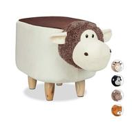 Relaxdays Tabouret Enfant Motifs Animaux Bois, Polyester, Peluche, Mouton, 35 x 32 x 40 cm