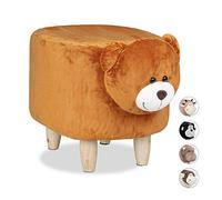Relaxdays Tabouret Enfant Motifs Animaux, Bois, Polyester, Peluche, Ours, 35 x 32 x 40 cm